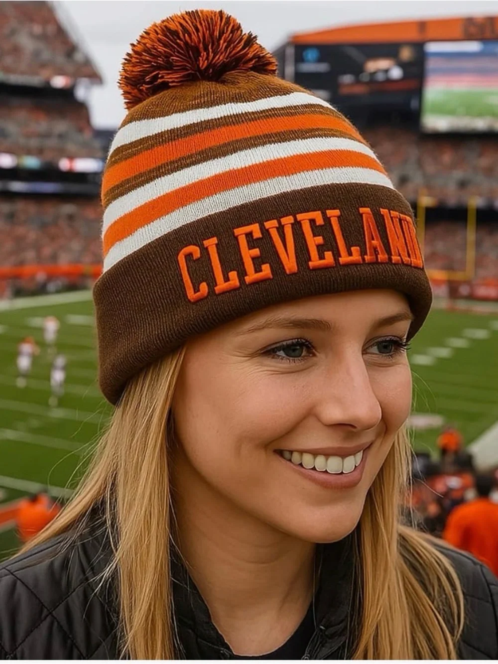 Cleveland Striped Pom Beanie & Gloves Set - Adult- Brown/Orange/White